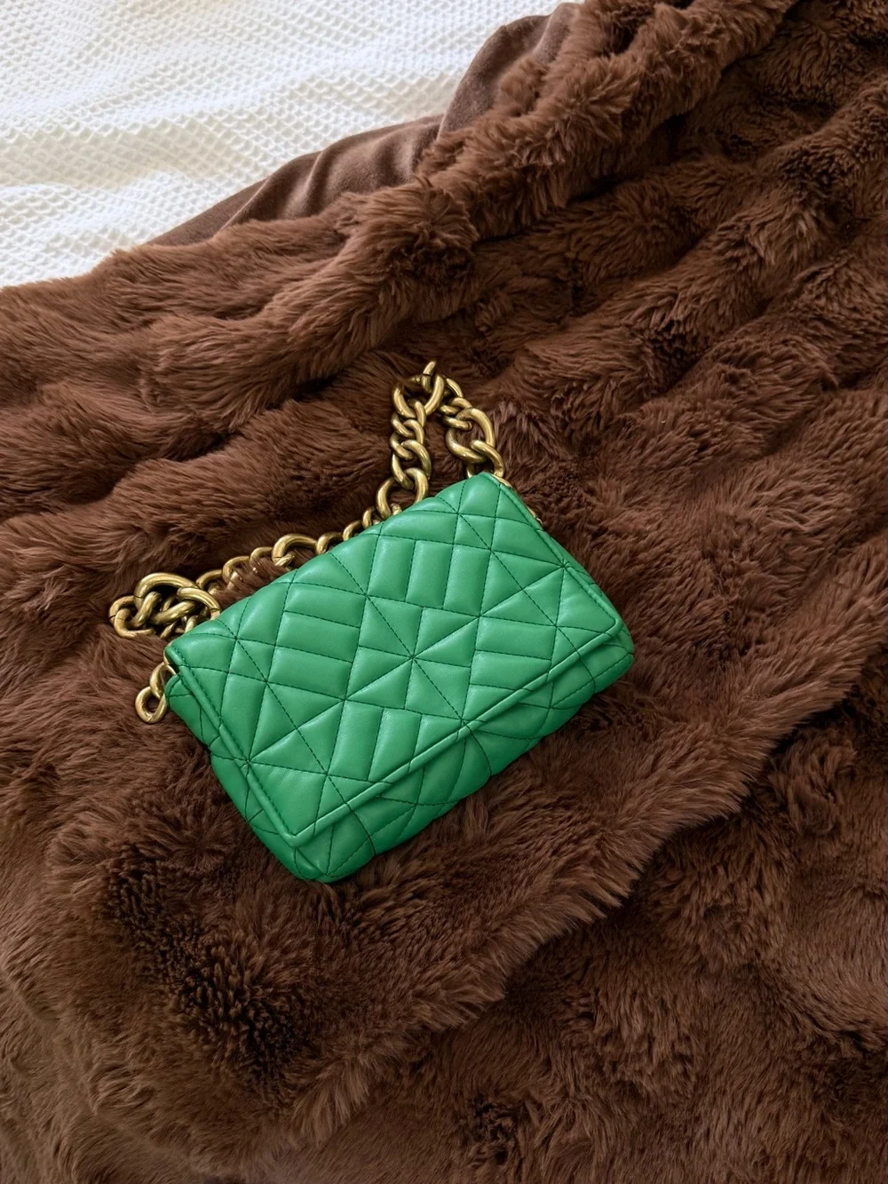 Zara Green quilted and gold metal handbag